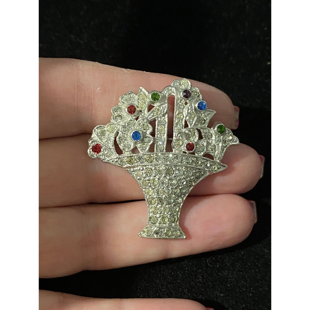 Art Deco Flower Basket Pin Rhodium Plated Pave' Rhinestones